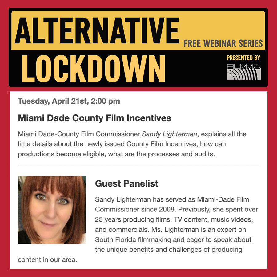 Filminmiami's tweet photo. Join us today at 2:00 PM EST as we explore the Miami Dade County Film Production Incentives with @FilMiami1 Film Commissioner Sandy Lighterman
 https://t.co/rk6gwoRpUk https://t.co/w8C6ylZzWl