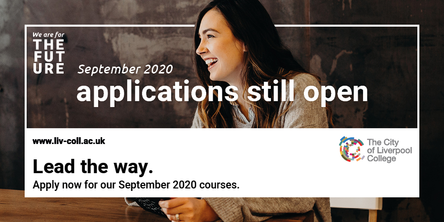 COLCollege's tweet image. Applications are still open for our September 2020 courses! ✅ 

Secure your future with The City of Liverpool College: bit.ly/3aV5qWb

#ForTheFuture