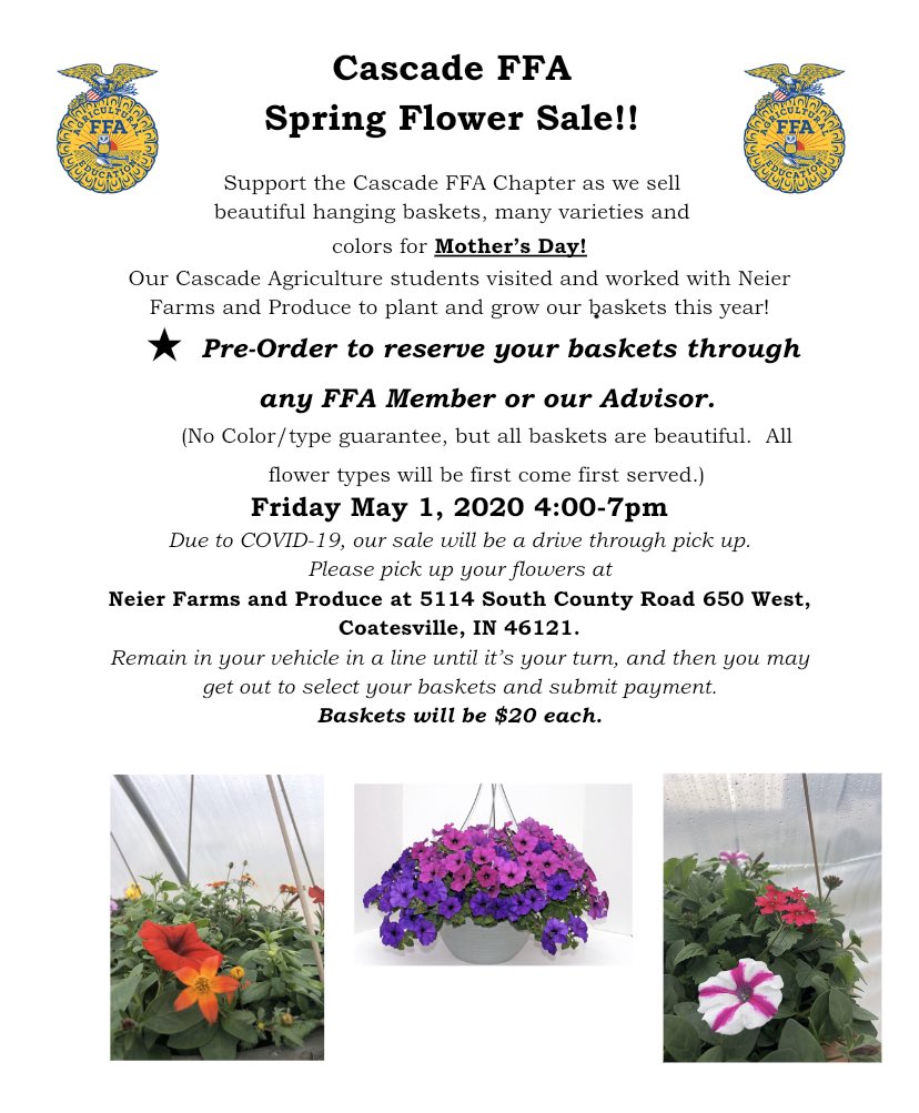 Still important to support these kids and this program!  Order from any FFA member or the advisor! Plus, get mom some pretty flowers to hang on her porch for Mother’s Day!