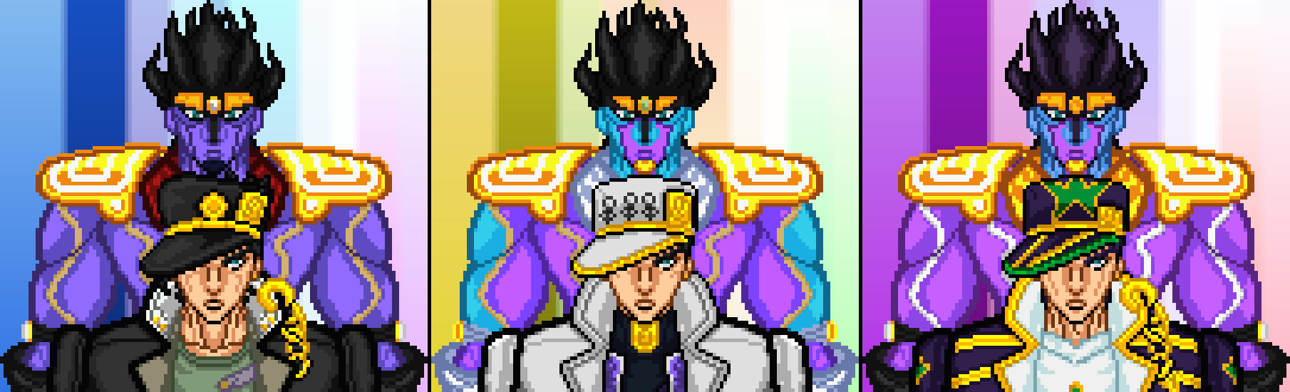 Carbo64 on X: made some Jotaro portraits with the palettes from my Sonic  Boll Jotaro sprite, in Part 3, 4 and 6 style with a semi-custom Part 6 Star  Platinum also first