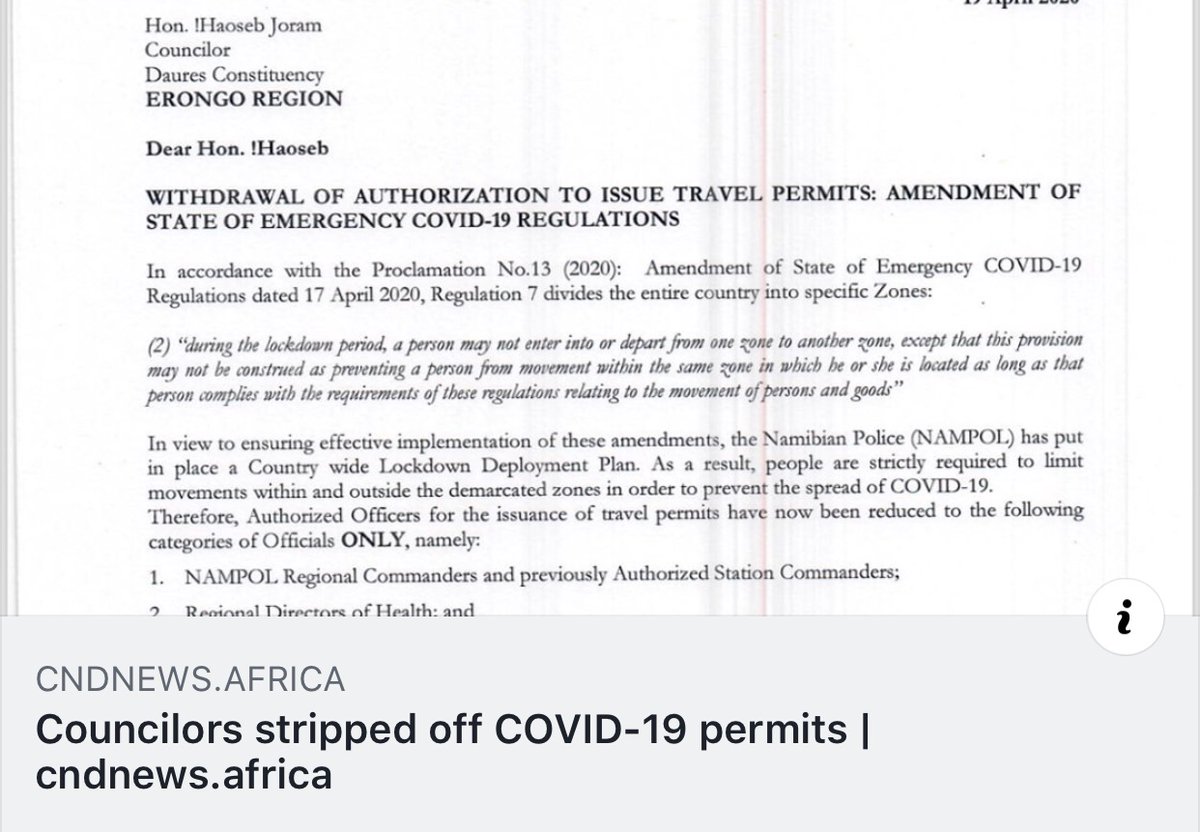 NewsCnd's tweet photo. Regional constituency councilors will no longer be allowed to issue travel permits to Namibians wishing to travel between lockdown zones introduced as measures to curb the further spread of the deadly COVID-19 virus.
https://t.co/QVQRZzHjVK https://t.co/B5FtseSyiz