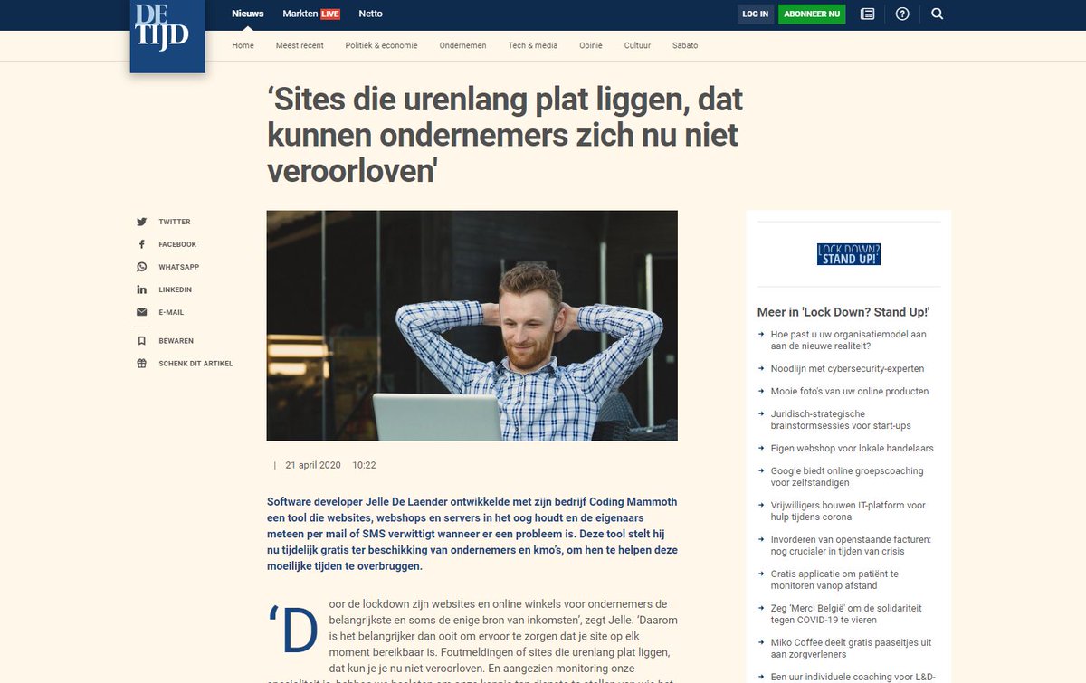 CodingMammoth's tweet image. Today Semonto  got featured in Belgian newspaper De Tijd for our initiative to help entrepreneurs through the current crisis by offering them 4 months of free website monitoring. 💪 

#detijd  #covid19 #samentegencorona