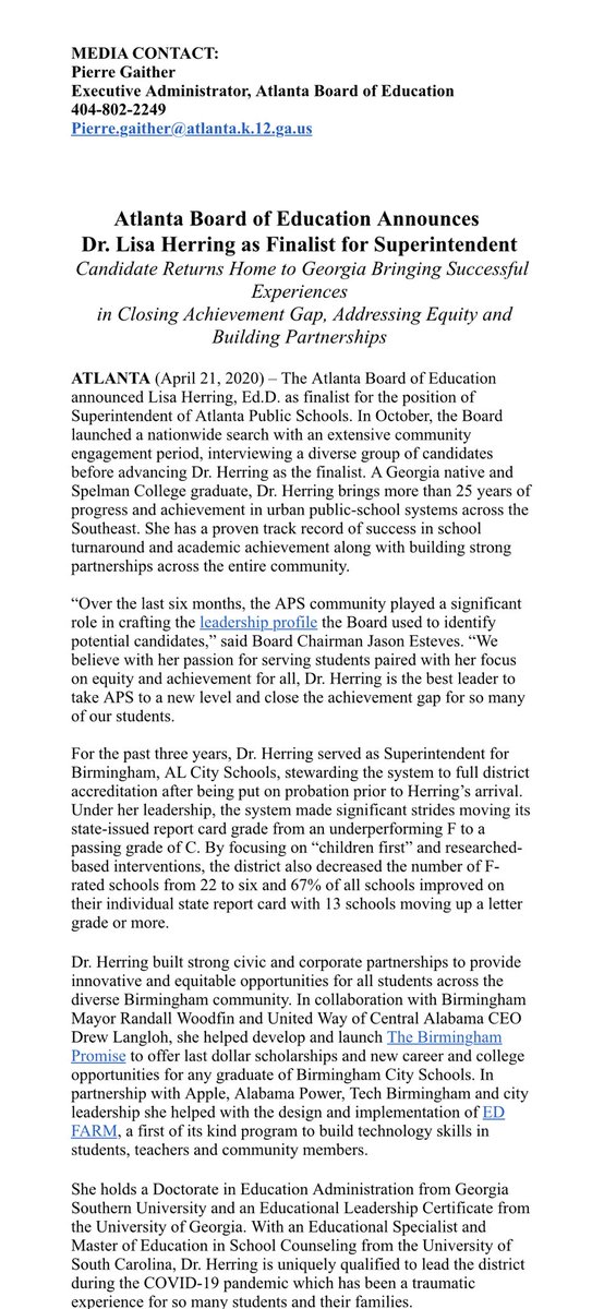 jasonesteves's tweet photo. Today we announced @DrLisaHerring as sole finalist for @apsupdate Superintendent! A GA native &amp; graduate of @SpelmanCollege &amp; @GeorgiaSouthern, her track record includes helping districts address equity &amp; the achievement gap, while inspiring student engagement. Starts  July 1. https://t.co/0FKSo2bfsQ