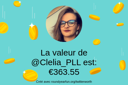 Clelia_PLL's tweet photo. Mon twitter vaut: €363.55

Trouvez le vôtre avec https://t.co/F6CWl7KfeE

⠀ https://t.co/hpEG3qYx4Y