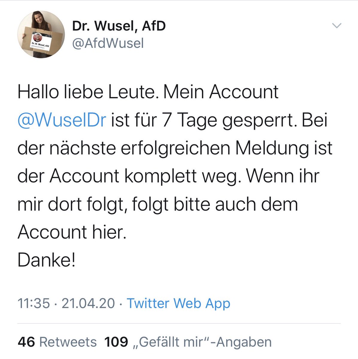 Mica4711's tweet photo. Der Konsequenzen ihrer Taten sind sich Hetzer wie @WuselDr alias @AfDWusel durchaus bewusst. Die richtigen Schlüsse ziehen sie daraus trotzdem nicht. #ReportTheMob https://t.co/h6XWMvb1LI