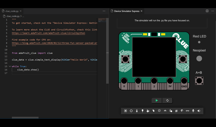 MSFTGarage's tweet photo. .@Adafruit CLUE support is now fully enabled in Device Simulator Express, a @MSFTGarage project. Download the VS @Code extension to flex your #CircuitPython skills 

#Python #PyCon @microbit_edu #IoT #MicroPython #PythonHardware

https://t.co/R4nm0kg5eG https://t.co/0Iwpgd7JBs