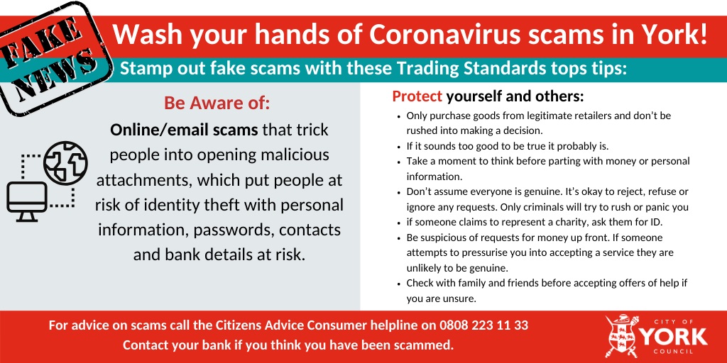 Wash your hands of Coronavirus scams in York with these Trading Standards top tips: york.gov.uk/coronavirus