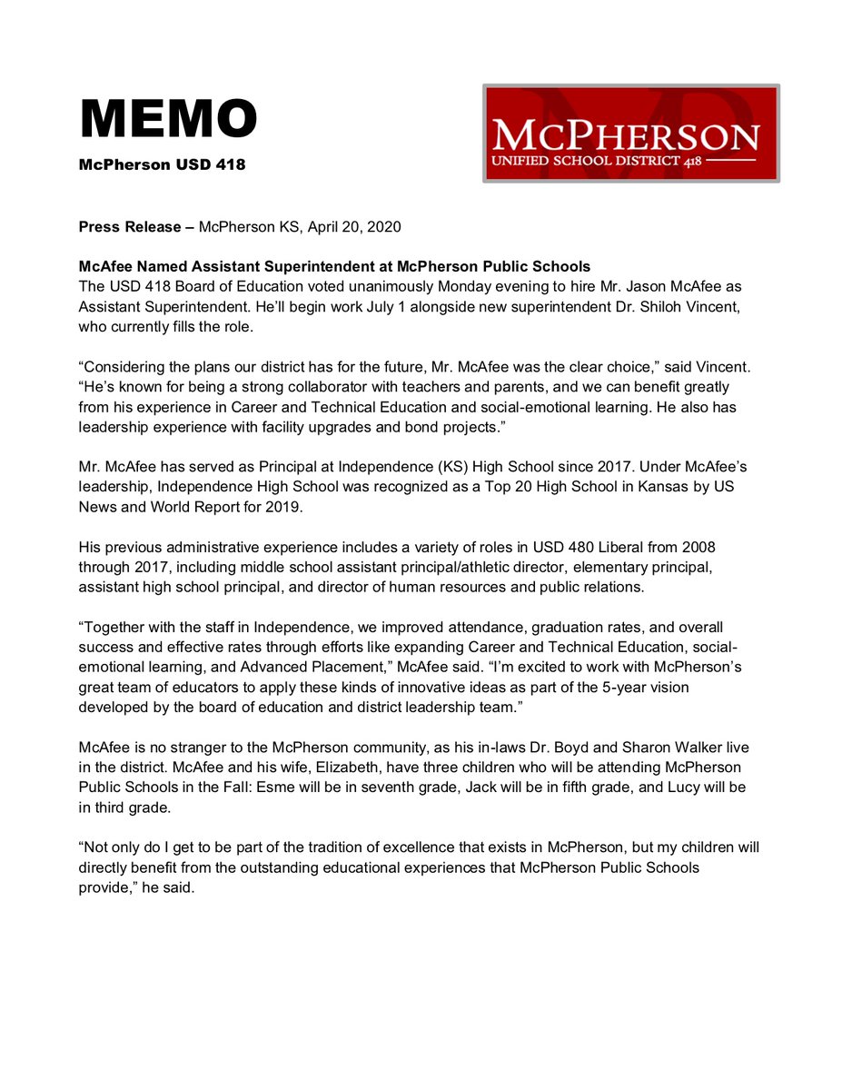Press Release: Jason McAfee Named Assistant Superintendent at McPherson Public Schools
