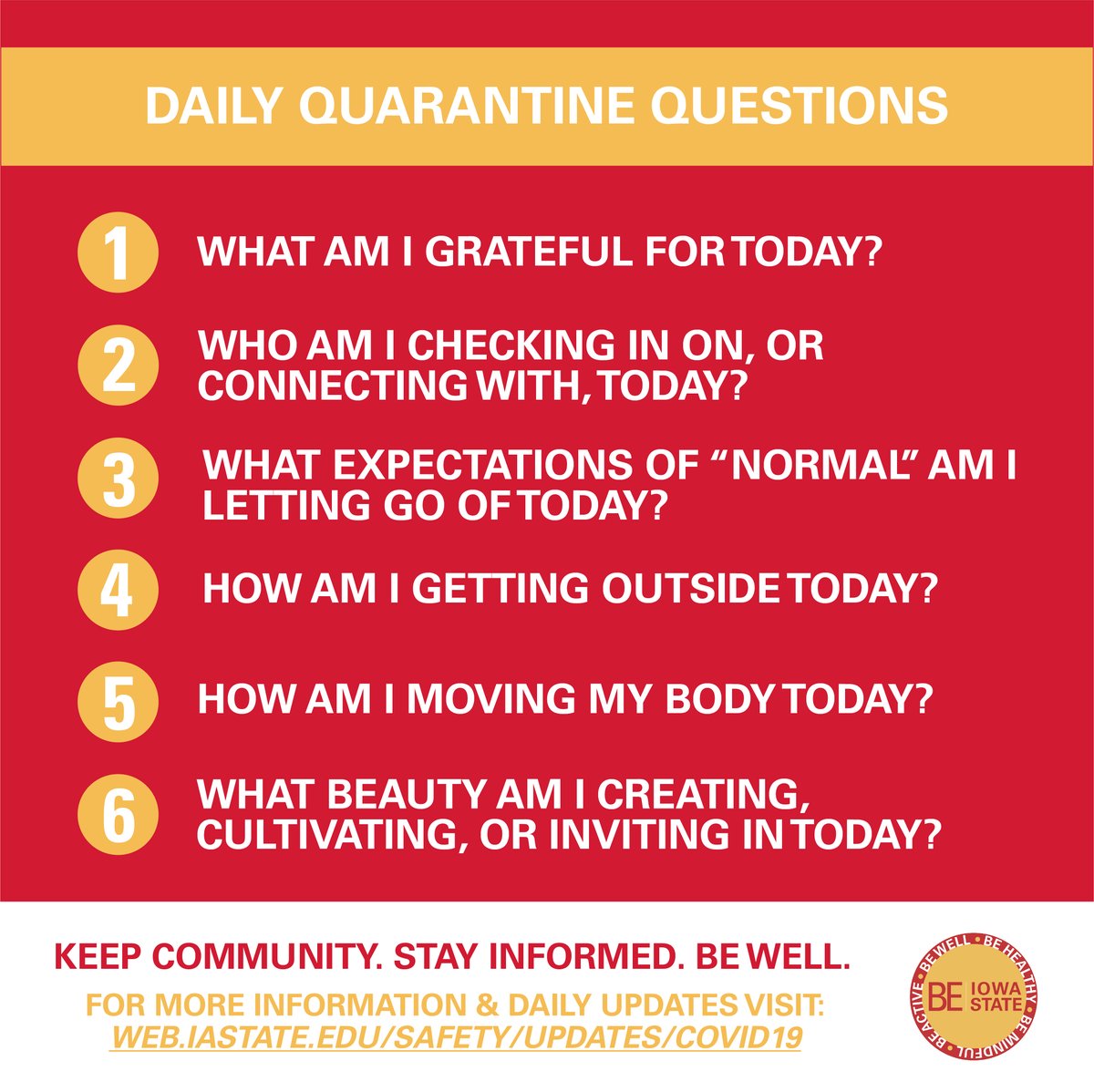 bewellisu's tweet photo. Ask yourself these 6 quarantine questions today to help you structure your day, check in with yourself, and see how you're doing! It's okay to not be okay, and there are many great resources for you on our website. We will get through this 💪🌱❤️https://t.co/ow5ckYFtYg #Bewell https://t.co/mKjy3nKhpI