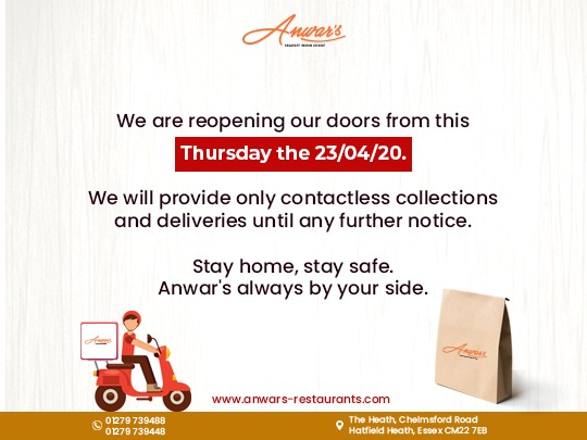 Anwar's will be back again from this Thursday only for contactless collections and deliveries.

Cell: 01279 739488, 01279 739448
Order Online: anwars-restaurants.com

#indiantakeaway #Anwars #Anwarsrestaurant #Theheath #chelmsfordroad #hatfieldheath #essex #unitedkingdom #COVID