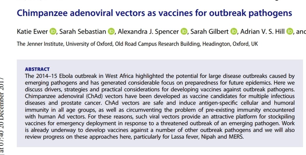 Following the  #Ebola outbreak in 2014-15 the  #GatesFoundation saw the opportunity mass produce and stockpile  #vaccines for 'Future Novel Pandemics' using  #ChAd  #vectors .  #SarahGilbert  #JennerInstitute  #ChAdOx1  #WHO