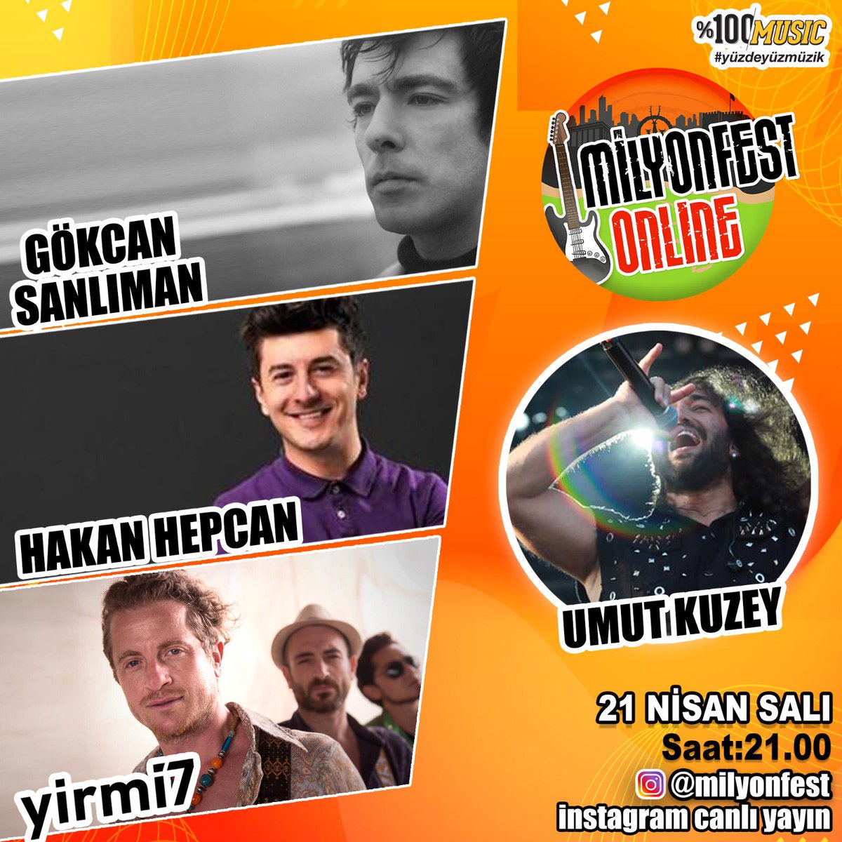 Milyonfest ONLINE tam gaz devam ediyor⚡️<a href="/umutkuzey/">Umut Kuzey</a> 'e #BuAkşam canlı yayında <a href="/gokcansanliman/">Gökcan Sanlıman</a>, <a href="/hakanhepcan/">Hakan Hepcan</a> ve <a href="/yirmi7official/">Okan Şarlı</a> konuk olacak. ⏰Saat 21:00’da @Milyonfest canlı yayınında görüşmek üzere!

#evdekal #güzelgünleriçin #milyonfest #tertemizfestival #yüzdeyüzmüzik
