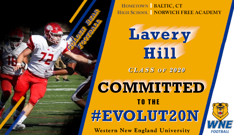 WNEFB's tweet photo. An All-Conference and team Outstanding Offensive Lineman award winner from Baltic, CT has officially joined the #Evolut20n.

Golden Bear Football Family, Welcome Lavery Hill!

#AlwaysOn 
#CTtoWNE
@NFA_Wildcats https://t.co/yJpwmR5Nlk