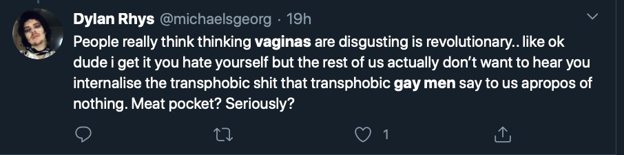 This tweet details the homophobia from Trans Activist who insist that Lesbian's like penis, and gay men vagina.After the initial post that will be done over a few days, I will update with new examples weekly. Feel free to link to it as needed.  #cottonceiling  #boxerceiling