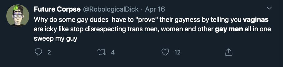 This tweet details the homophobia from Trans Activist who insist that Lesbian's like penis, and gay men vagina.After the initial post that will be done over a few days, I will update with new examples weekly. Feel free to link to it as needed.  #cottonceiling  #boxerceiling