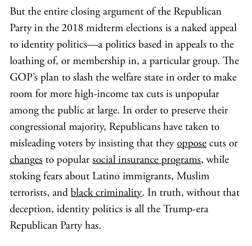 In 2018 we saw the same thing. Republicans had done nothing with their majority except slash taxes for Trump and his cohorts. The economy was growing then; Trump doesn’t even have that now. It’s just white identity politics all the way down  https://www.theatlantic.com/ideas/archive/2018/10/gop-mid-term-campaign-all-identity-politics/573991/