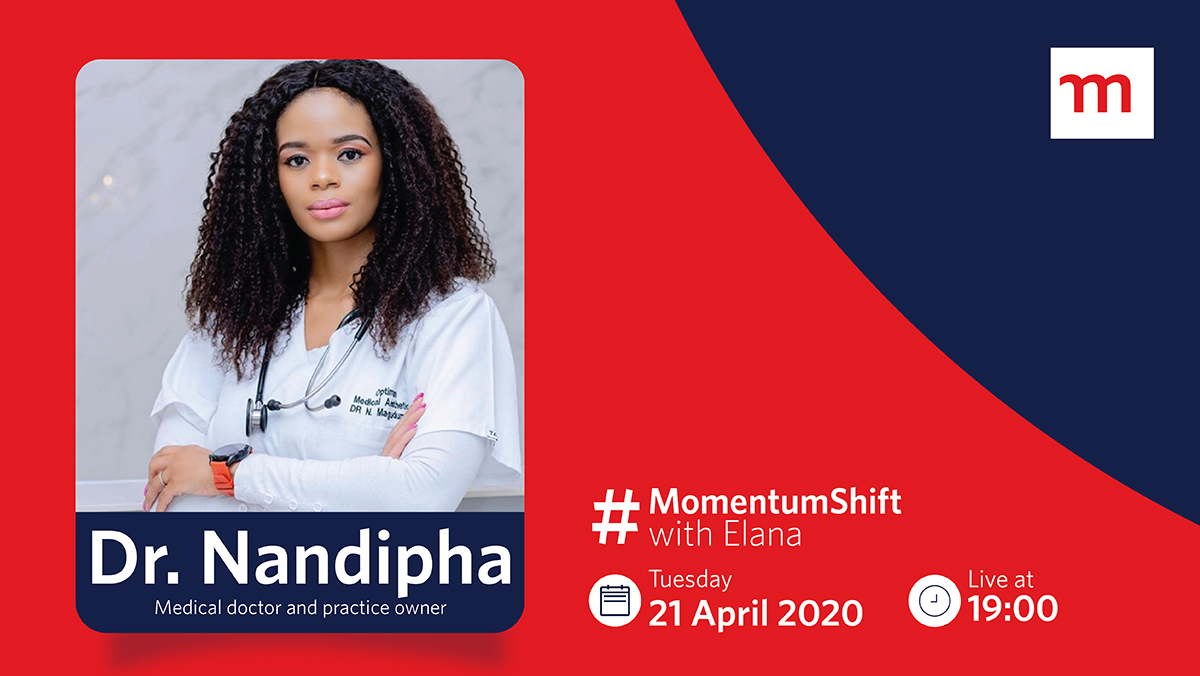 Momentum_za's tweet photo. She is a medical doctor and entrepreneur. Join us for a live and uncut conversation with @drnandipha. She will be talking about maintaining your health while making a success of life under lockdown. Catch her on #MomentumShift with @ElanaAfrika on Instagram tonight (momentumza). https://t.co/WRcSMLpx1Y
