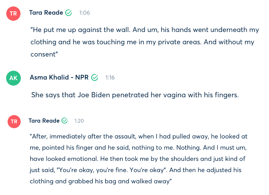 Okay back to Reade/Biden and NPR. First, NPR deserves credit for describing the allegation accurately, with audio from Tara Reade herself (rough transcript)