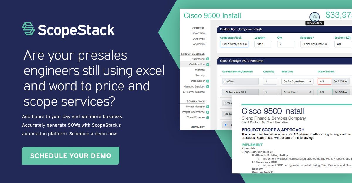 scope_stack's tweet image. Are your presales engineers still using excel and word to price and scope services? - Add hours to your day and win more business. Accurately generate SOWs with ScopeStack's automation platform. Schedule a demo now. buff.ly/2XQs91V #itservices #scopestack