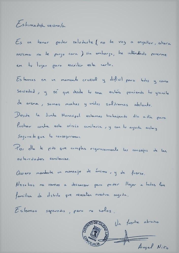 Fraades's tweet photo. Me manda esta carta mi colega de pueblo nuevo de ciudad lineal, se agradece un poco de humanidad para todos los que lo están pasando mal, y si es de un politico mejor. https://t.co/yrGB6VnIrv
