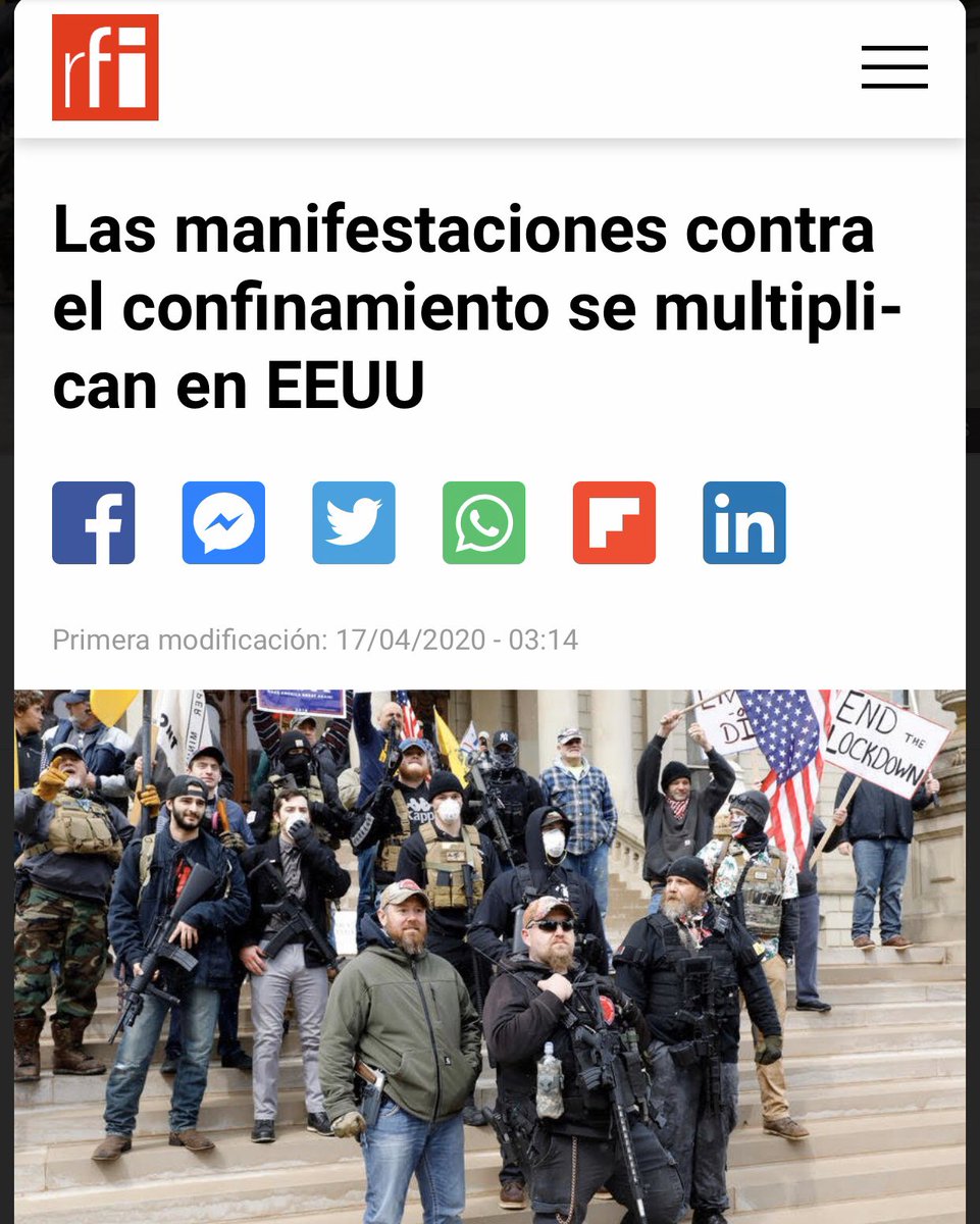 elblogdepills's tweet photo. ¿Virus peligroso??? Lo peligroso somos las personas
En EEUU se manifiestan contra el confinamiento rifle en mano. https://t.co/Cl3FGVopZl