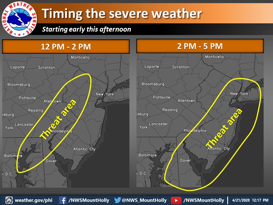 [1220 PM] Here is our latest thinking on timing for the severe storms this afternoon. Primary threat remains damaging wind gusts. #pawx #njwx #dewx #mdwx