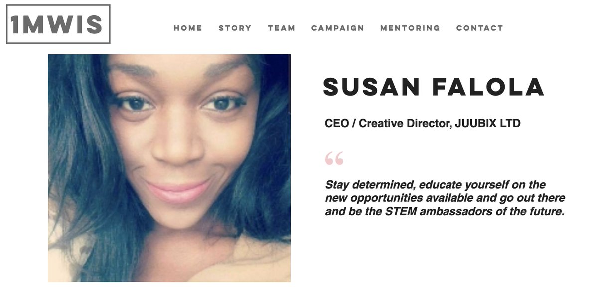 THREAD 19/51 Hey Susan Falola - CEO of JUUBIX - an innovative ecosystem which focuses on using cutting edge tech to disrupt financial markets! She encourages girls to go out there & be STEM ambassadors of the future & she's spot on!Ft & thx  @JUUBIX2  http://www.1mwis.com/profiles/susan-falola