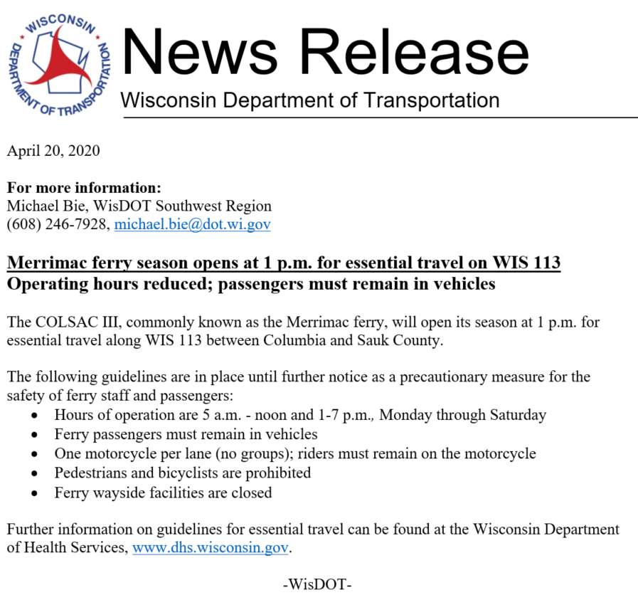BBCMadison's tweet photo. The Merrimac Ferry is open for essential travel w/ some COVID restrictions. Cars &amp; motorcycles only. Pedestrians &amp; bicycles prohibited. Hours: 5am-Noon &amp; 1-7pm Monday thru Saturday. Passengers must remain in vehicles. 
Updates: https://t.co/58XgEhrG2c
#cycling #madison #wisconsin https://t.co/fuud9DlrC7