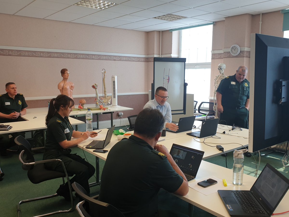 ClaireVWODI's tweet photo. With @jasonkillens listening to feedback from our @WelshAmbulance #WASTDigitalEMT learners - such a new experience for many, some challenges in using the technology for others, many enjoying it and welcoming the freedom it gives and a better study/work/life balance 👍 https://t.co/YPnHUL3VzH