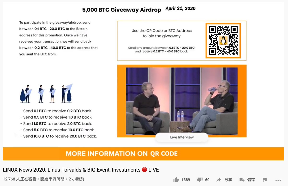 The0_Klein's tweet photo. Linux's Bitcoin Scam Live Stream on YouTube
https://t.co/JaRjnyOeoF

Original Video: https://t.co/JDsjMIEOcd

Scam Site: https://linuxgiveme[.]com/
BTC Address: 1PAYaU2NfAPpxosUZ2R62dotK4fnsEiB6Q

#scam #bitcoin https://t.co/lBfXVBUE43