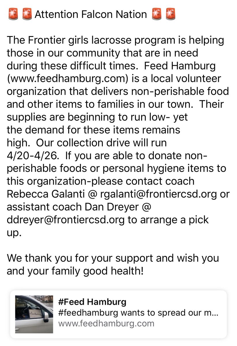 If you’d like to help <a href="/lax_frontier/">Frontier Girls Lax</a>  #FeedHamburg please let myself or <a href="/DDreyer1012/">D Dreyer</a> know! We thank you in advanced for your support!! 🥍💙😊

#BetterTogether #StrongerTogether #FalconsHelpingFalcons