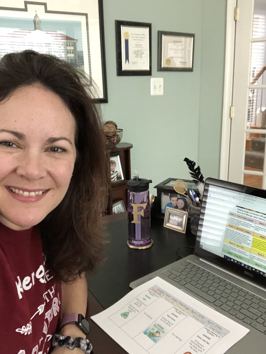 LIBWymanK's tweet photo. In my home office before our first Google Meet. I felt like a kid in a candy store with so much excitement!! Loved seeing my Kinders and hearing what they’ve been up to. ❤️ #EagleConnection @LCPSLiberty @pta_liberty https://t.co/gofN01Vjf6