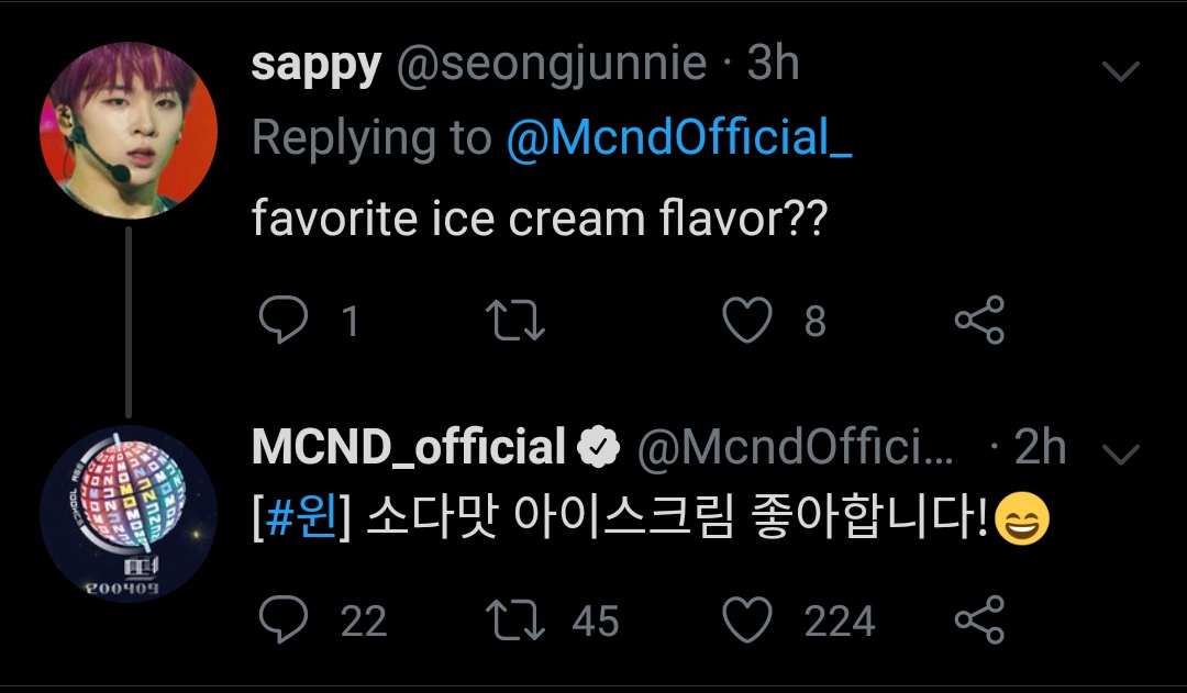 : I like soda-flavoured ice cream!!! (btw does anyone knows why he replied in korean )