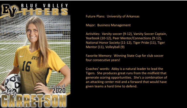 BVHS_Soccer's tweet photo. Our next #Classof2020 ⚽️ Tiger is @AbbyGarretson 

@bvtigernews 
@BvhsClub 
@dadscauldron https://t.co/JHAix1OZFM