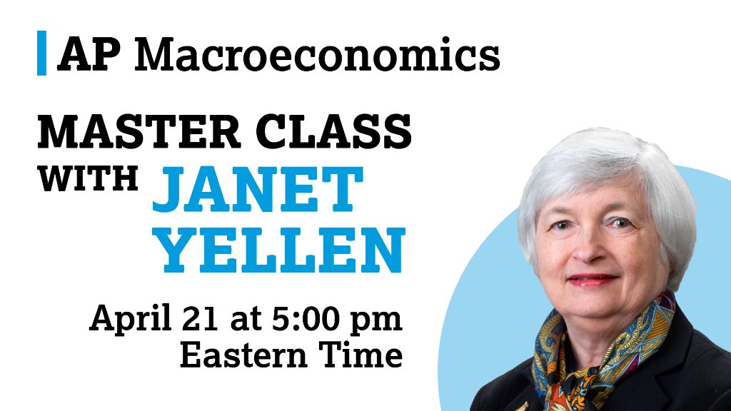 AP_Trevor's tweet image. We&apos;re thrilled that Janet Yellen, former Chair of the Federal Reserve, will be sharing her expertise with #APMacro students today to help them better understand economics as they prepare for their AP Exam.

Her #APMasterClass begins at 5 pm Eastern Time: youtu.be/aGWFOceviC4.