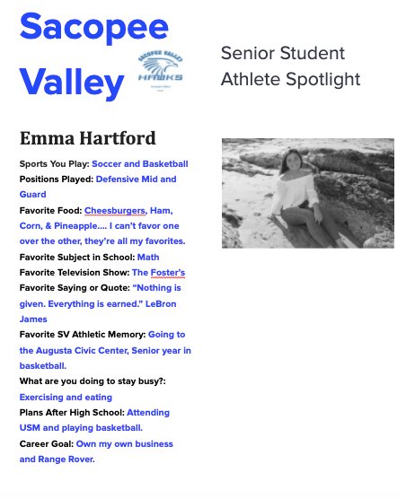 SacopeeAthletic's tweet photo. Today's Senior Student Athlete Spotlight is on Emma Hartford! @SacopeeProud @SVHSHawks @SacopeeTeachers @erickalmh https://t.co/OvleJAIrvr
