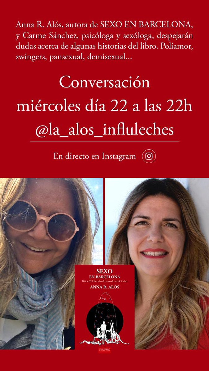 carmesanchez's tweet photo. Mañana 22 a las 22h converso con #AnnaRAlos  sobre su libro #SexoEnBarcelona ¿Te unes a la conversación?
#Sexualidad
#SantJordi2020 
#Barcelona #BCN #directinstagram #Instagram #EducaciónSexual #Sexología #Sexo #SantJordiacasa #santjordiconfinat https://t.co/fnDv9NoezH