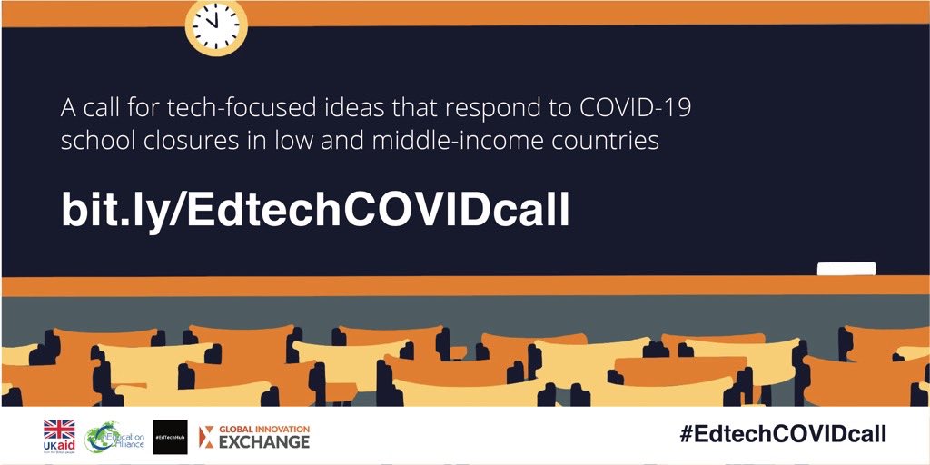 📢 Do you have an idea that addresses the impact of the COVID19 #educationemergency happening around the world 🌍 

Apply now to the EdTech call for ideas 💡 
   
bit.ly/COVIDapplicati…