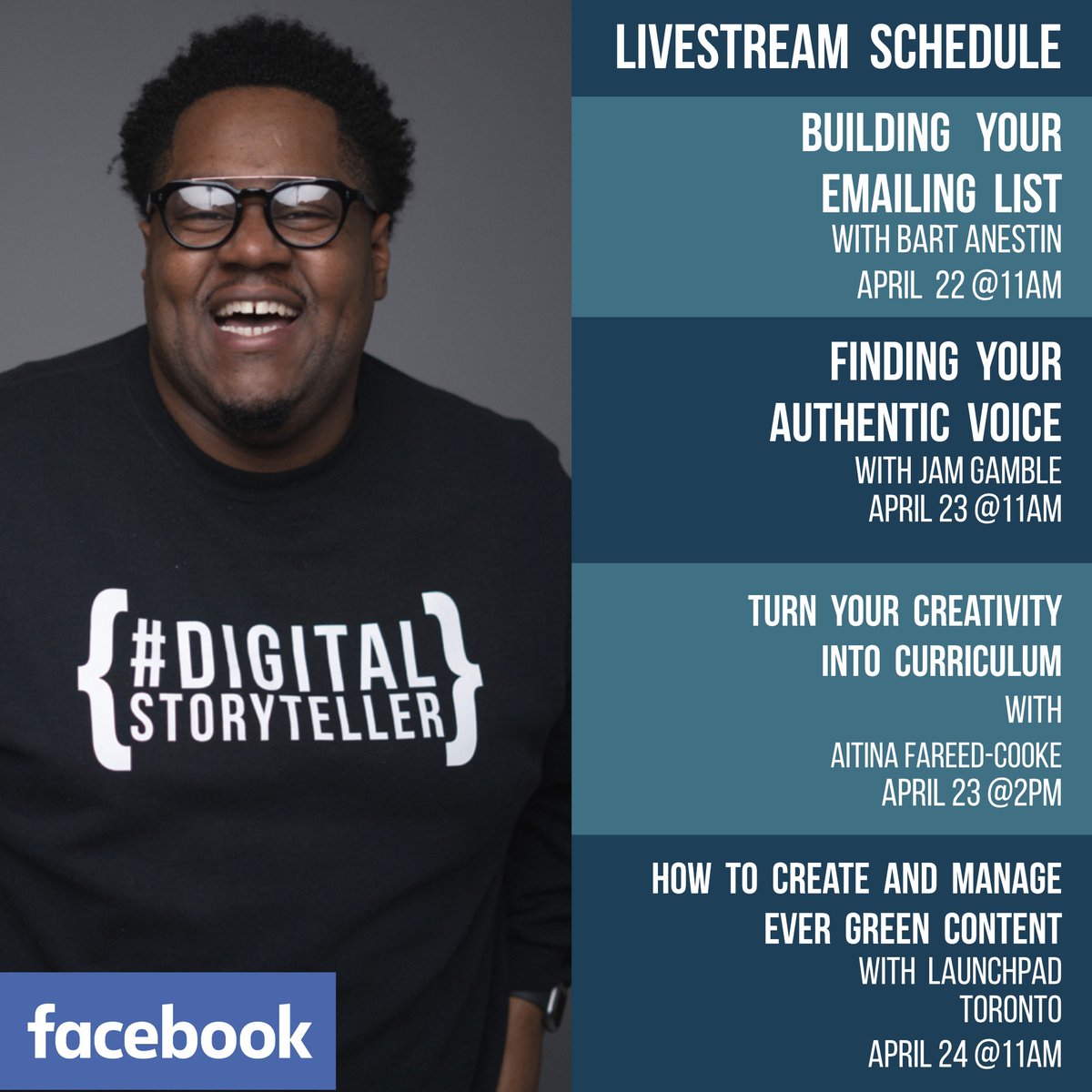 TristanBarrocks's tweet photo. Hey everyone! I hope that you had a dope weekend. I am so excited to share this week's Facebook Livestreams. These conversations are going to be so amazing
#TristanBarrocks #Digitalstorytellers #SelfLove #Toronto #TorontoLife #TorontoVideo
#thedigitalstoryteller #film https://t.co/lNdXJNC3q5