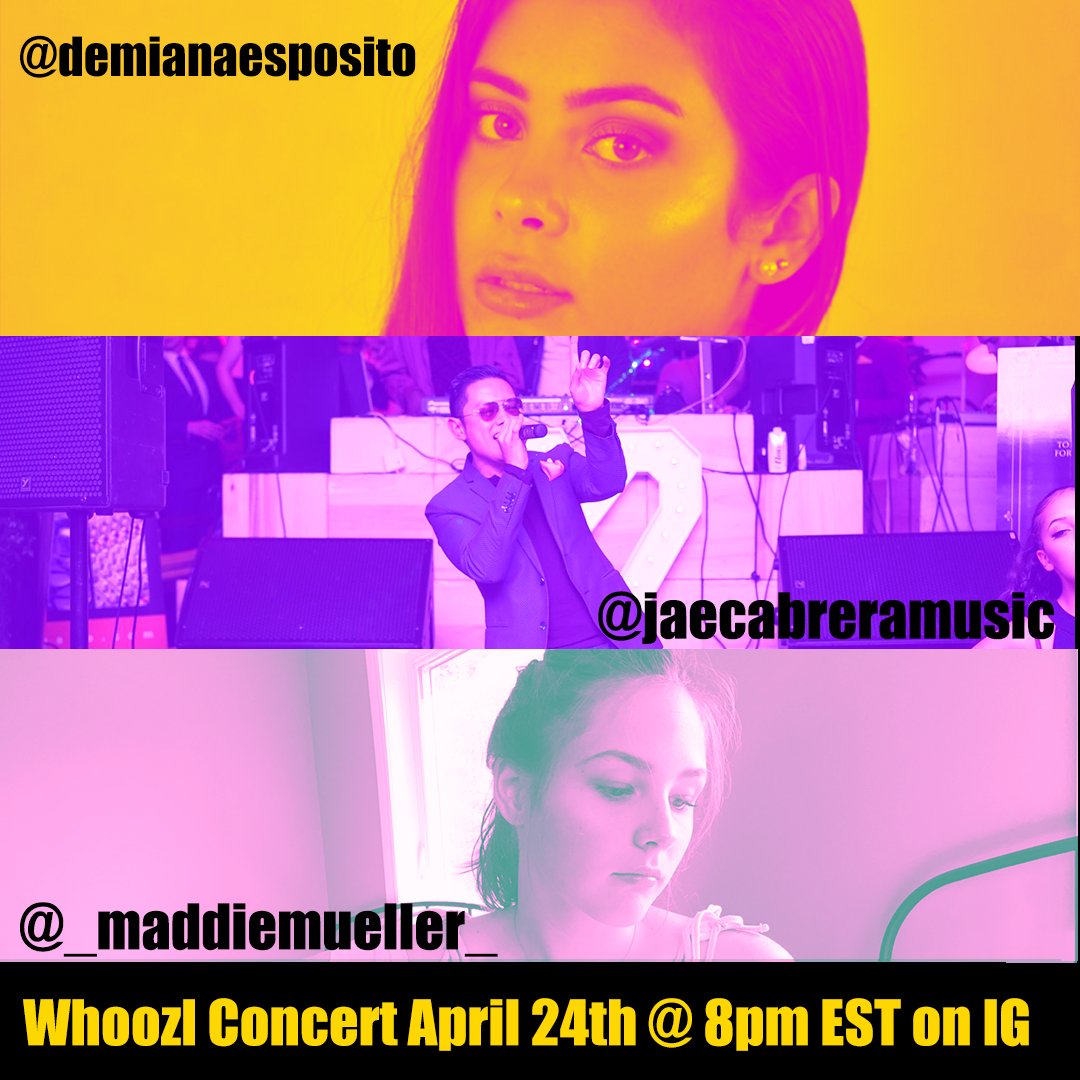 whoozlmusic's tweet photo. HEY EVERYONE!!! We're throwing a virtual concert on Instagram this Friday with @DemianaMusic @JaeCabreraMusic and @_maddiemueller_ at 8PM EDT on IG. Be sure to follow our official IG account @Whoozl_music #indieartists #IGLive #concert https://t.co/AYhDq0ZzEG
