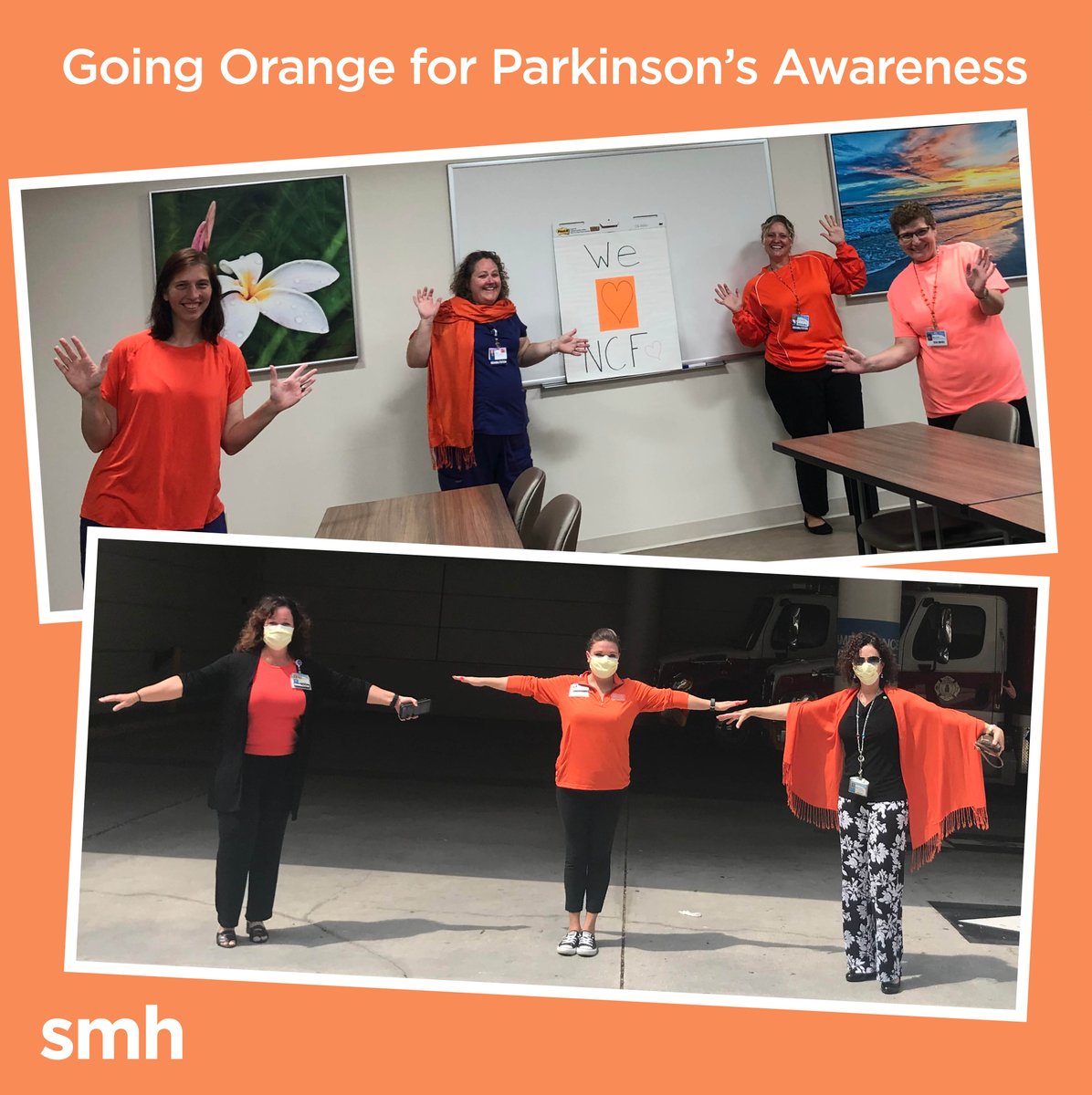SMHCS's tweet image. #TeamSMH is joining #NeuroChallenge  in &quot;Painting the Town Orange&quot; today! The #smhRehab team &amp;amp; loved ones are donning orange in honor of #ParkinsonsAwareness! Neuro Challenge now offers 40+ free online programs for the Parkinson&apos;s community! More @ NeuroChallenge.org.