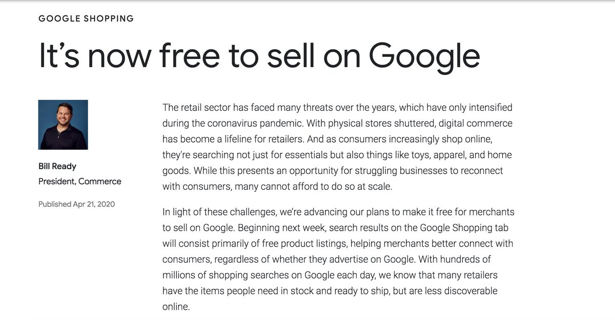 GOOGLE SHOPPING IS FREE AGAIN... sorta. Total data play by G to make shopping tab free, regardless of if you run ads. https://blog.google/products/shopping/its-now-free-to-sell-on-google/ #PPCChat  #GoogleShopping cc  @kristinamonllos  @beyondcontent  @AndrewLolk  @PPCKirk