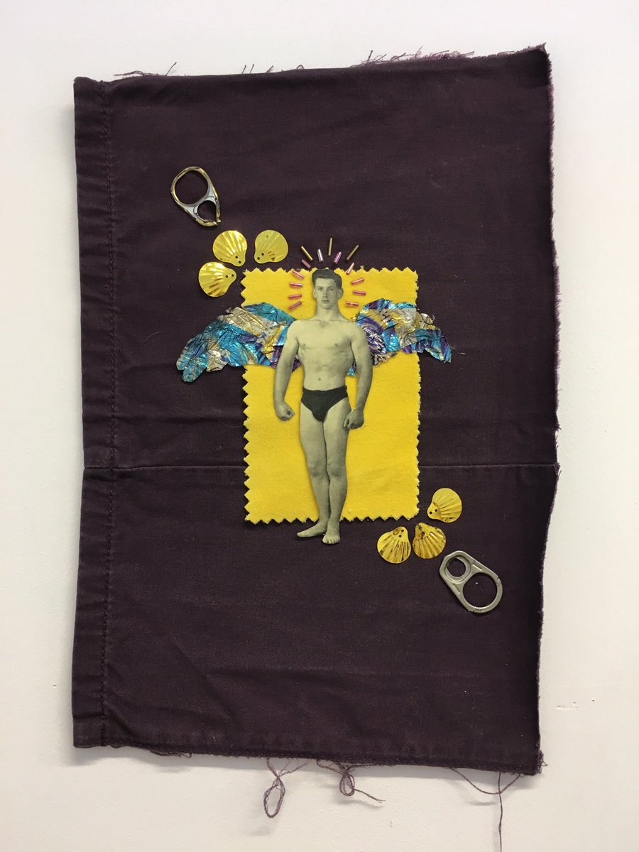 Trash Idol I by Daniel Fountain.Analogue collage (scrap textiles, ring pulls, sequins, beads, found objects). @Daniel_Fountain is an artist & practice-led researcher his collages deconstruct heteronormative narratives pertaining to gender & sexuality.© Daniel Fountain 2019.