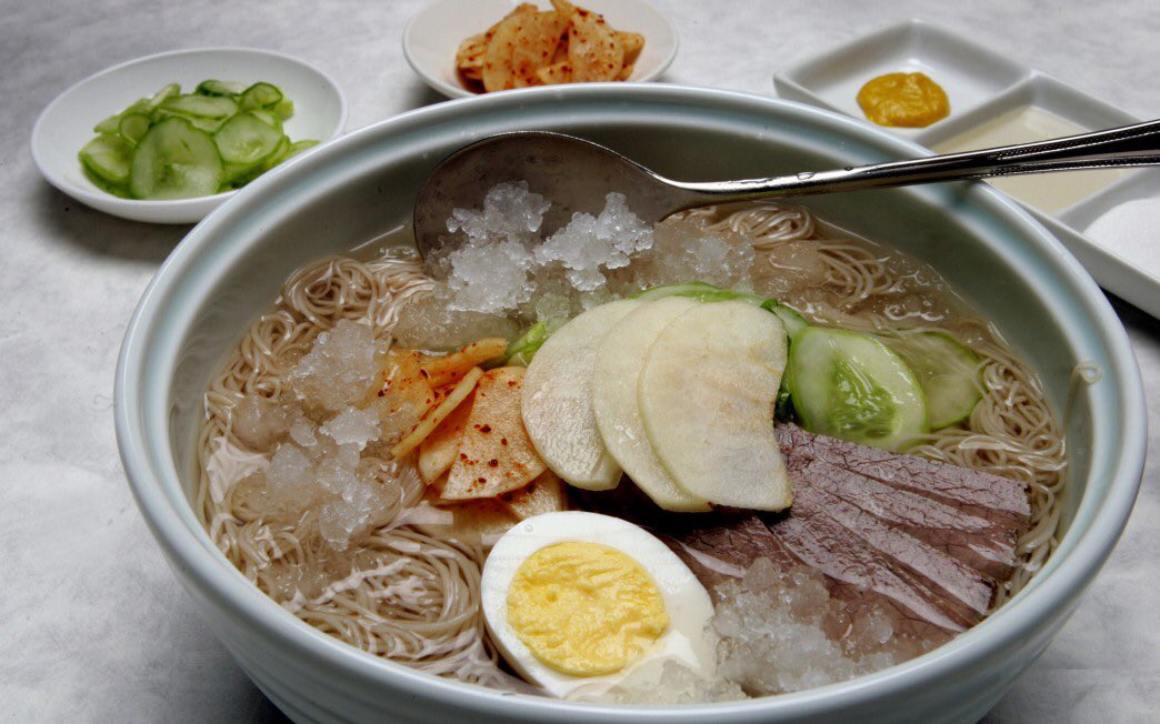 The side dishes ranged from Kimchi, spicy sauces and mustard, pickled radishes & dipping saucesNOTE: Jungkook was also the only member with Naengmyeon bibimbap which has none to minimal broth. Pics below for reference.  #WhatBTSAte  #EatWhatBTSAte  @BTS_twt