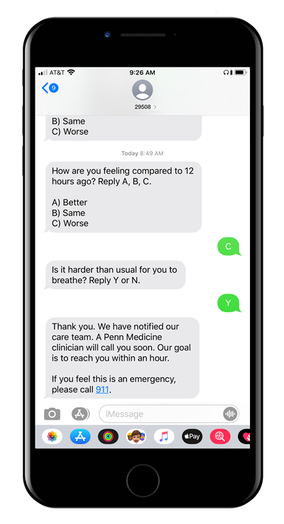 PennMedicine's tweet photo. #COVID Watch, a new text messaging tool, allows #COVID19 patients who are quarantining at home to stay in touch with @PennMedicine clinicians. https://t.co/c8sNLYX4GP https://t.co/UbFCRU6XVY