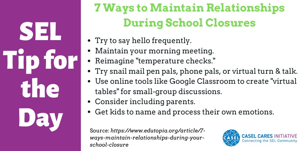 caselorg's tweet photo. Even during social distancing, we can use #SEL to build relationships. Check out these useful tips for maintaining relationships during school closures from @edutopia. #CASELCARES #COVID19 https://t.co/sNdsM5NFxX https://t.co/eNQdvSkRgF