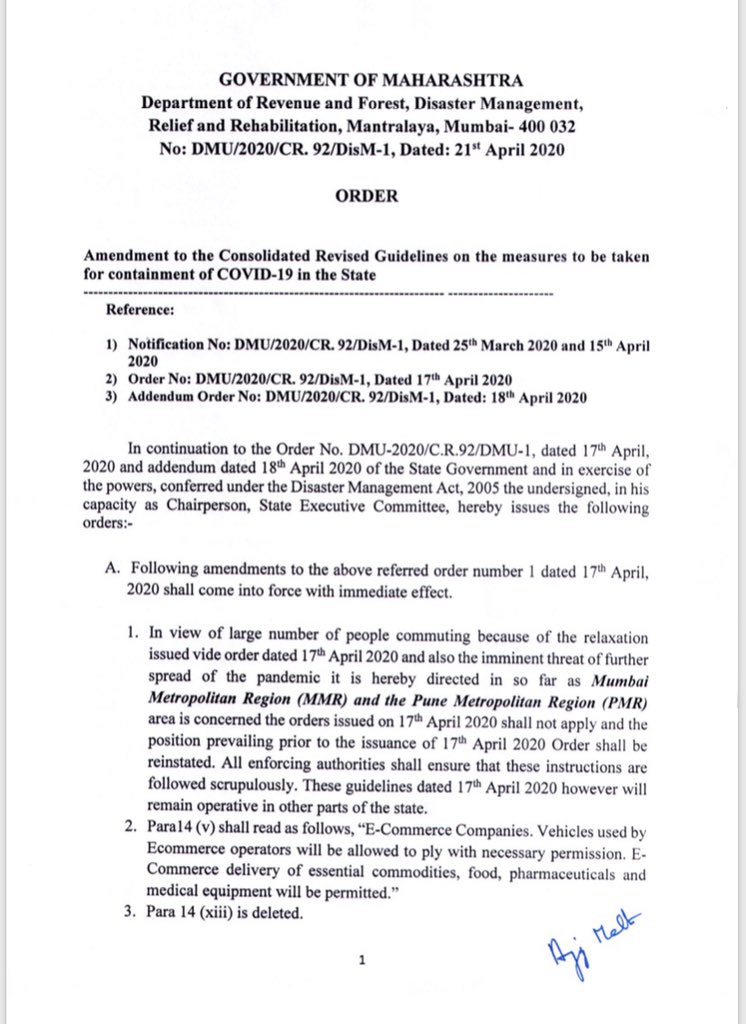 CMOMaharashtra's tweet photo. it is hereby directed in so far as Mumbai Metropolitan Region (MMR) and the Pune Metropolitan Region (PMR) area is concerned the orders issued on 17th April 2020 shall not apply and the position prevailing prior to the issuance of 17th April 2020 Order shall be reinstated. (2/2) https://t.co/bYxO0xg20I