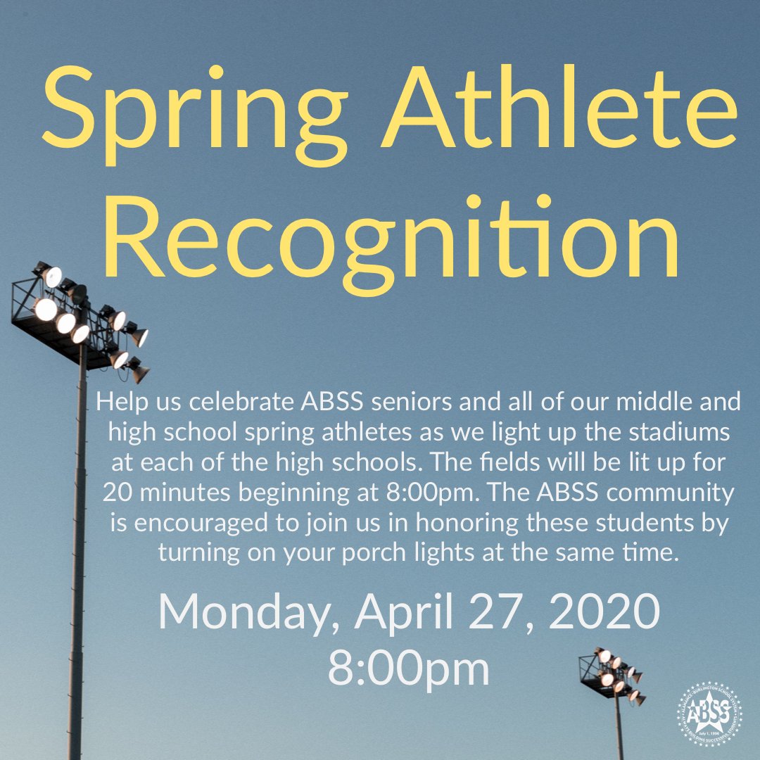 ABSSPublic's tweet photo. 💡 Let’s shine a light on our student athletes and seniors! Join us in celebrating next Monday at 8:00pm. ABSS High School stadiums will turn on lights to honor our students. We encourage our ABSS commmunity to join us by turning on your porch lights at the same time! 💡 https://t.co/DSQEZpGDHr