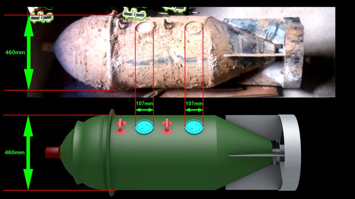 Bellingcat created a 3D model of the bomb from the video, then used the known measurements of the filling caps to measure the width of the bomb, which matched to the 460mm described in the diagram published by Russia.