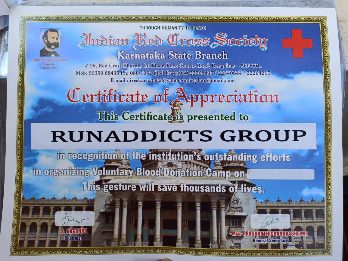 runaddicts_blr's tweet photo. Appreciation from Indian Redcross Society for RunAddicts for today's Blood Donation Activity.

A huge shout out to Karthik for initiating this activity &amp; completing it successfully during this crucial time.👏👏👏

A big thanks to all the RunAddicts 🙏🙏🙏

Team #RunAddicts https://t.co/suIIe6fwvL